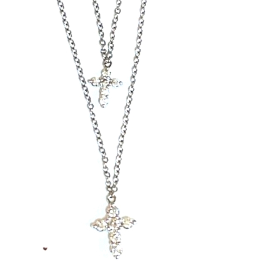 Silver Layered Cross Pendant Necklace with Gemstones